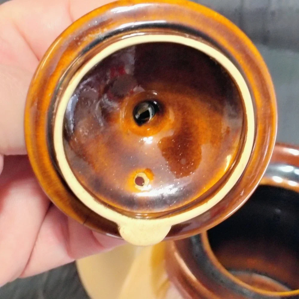 Vintage Tri-Color Glazed Stoneware Ceramic Teapot Brown Tan Rustic Farmhouse‎
